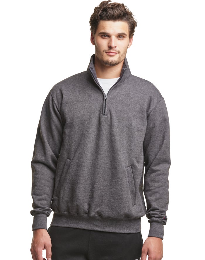 Champion Mens Sweatshirt NZ - Powerblend Fleece 1/4 Zip With Pockets Dark Grey ( 4782-DHJYP )